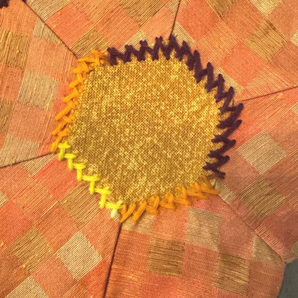 Vintage Handmade Patchwork Hexagon Table Runner Boho Cottagecore. 70s-80s
